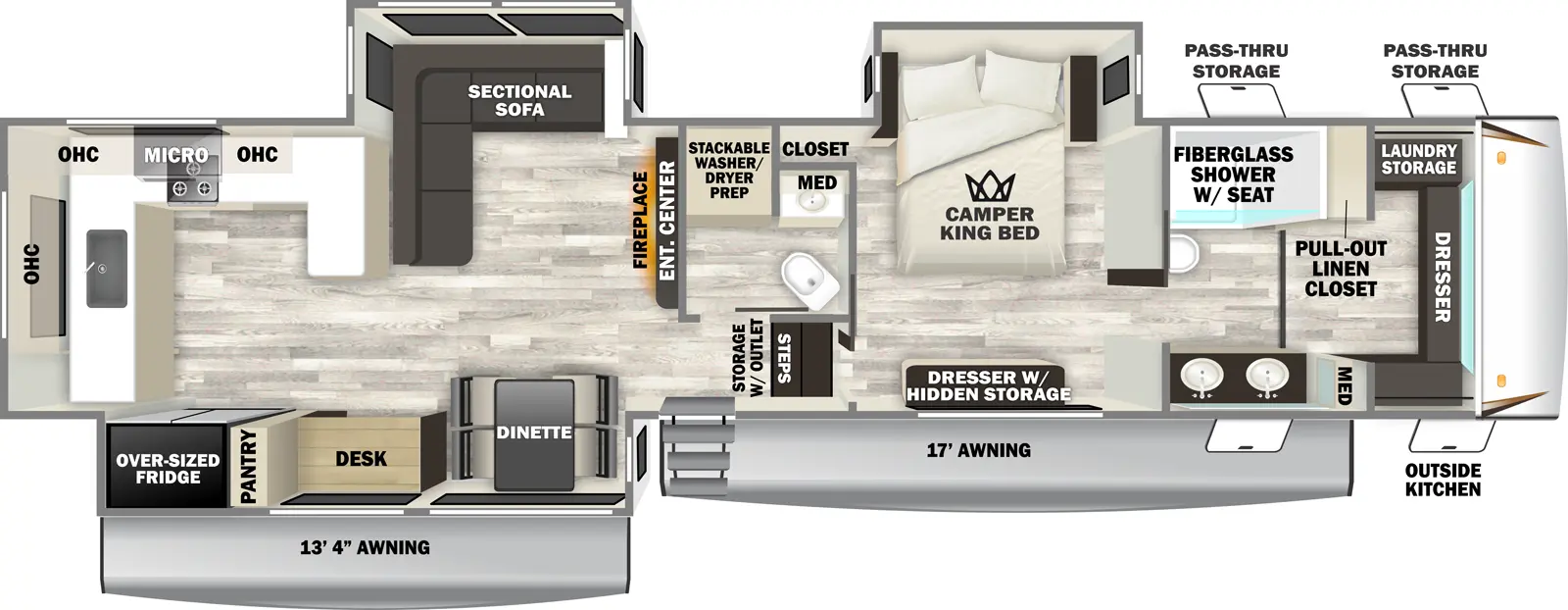 The Sabre 36EST floorplan has one entry and three slide outs. Exterior features include: fiberglass exterior and 13'4" & 17' awning. Interiors features include: rear kitchen, free-standing dinette option and bathroom and a half.